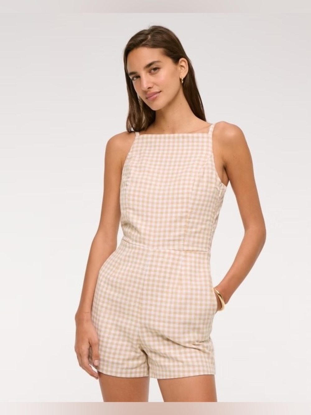 Abercrombie & Fitch Plaid Backless Jumpsuit Light Caramel | MP